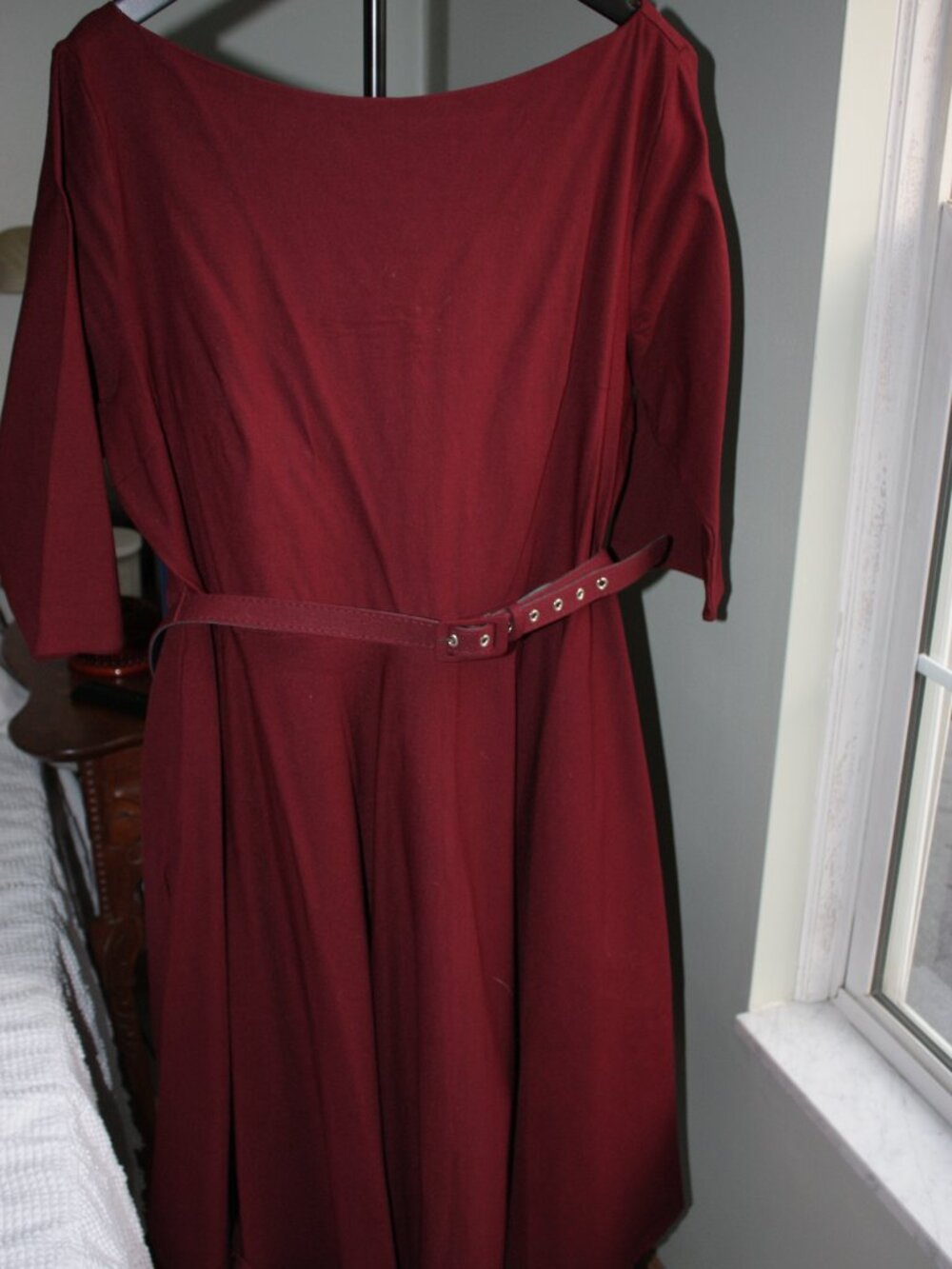 Unique Vintage Burgundy Wine Red 3/4 Sleeve Belted Devon Swing Dress Size 3X 20
